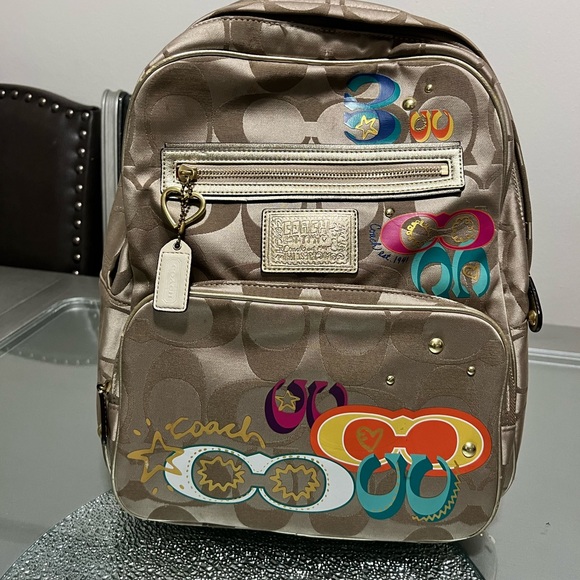 Coach Auth Signature Poppy Daisy Applique Backpack Khaki Pink Gold Blue - Picture 1 of 4
